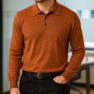 MARCO FIORI merino wool collard knit polo sweater size large chestnut brown fall